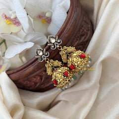 Vriksham Antique Dual Tone Gold Peacock Temple Floral & AD Studs Jhumkas Earrings-Red Green-Green Bead-G21591