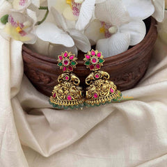 Vriksham Classic Gold Temple Floral Jhumkas Earrings-Red Green-Green Bead-G21590