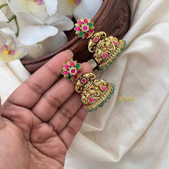 Vriksham Classic Gold Temple Floral Jhumkas Earrings-Red Green-Green Bead-G21590