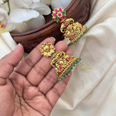 Vriksham Classic Gold Temple Floral Jhumkas Earrings-Red Green-Green Bead-G21590