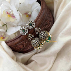 Vriksham Classic Floral Peacock Victorian Diamond Jhumkas-Green Bead-Pearls-VV2016