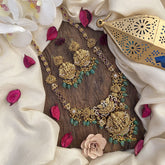 Vriksham Gold Look Alike AD Stone Lakshmi Pendant Long Neckpiece-Green Bead-G16161