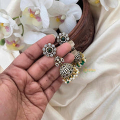 Vriksham Classic Floral Peacock Victorian Diamond Jhumkas-Green Bead-Pearls-VV2016