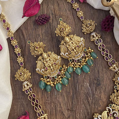 Vriksham Gold Look Alike AD Stone Lakshmi Pendant Long Neckpiece-Green Bead-G16161