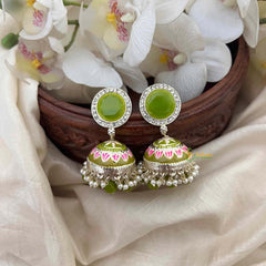 Vriksham Green Meenakari Jhumkas-Hand painted-Round Stud-Pearls-G21589