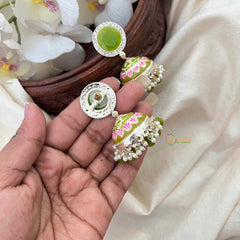 Vriksham Green Meenakari Jhumkas-Hand painted-Round Stud-Pearls-G21589