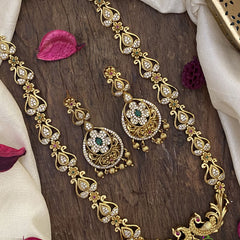 Vriksham AD Stone Pendant Dual Peacock Long Neckpiece-Golden Bead-G16165