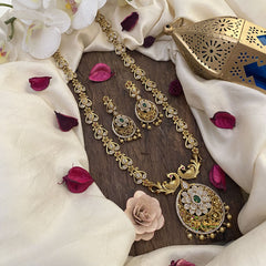 Vriksham AD Stone Pendant Dual Peacock Long Neckpiece-Golden Bead-G16165