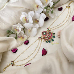 Vriksham Antique Floral Kundan Jadau Sheeshphool-Red Green-Green Bead-J2783