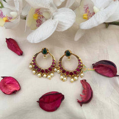 Vriksham Classic Green Pear Half Moon Style Earrings-Red-Pearls-G21594