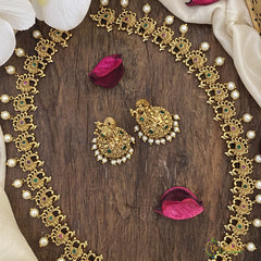 Vriksham Gold Look Alike Lakshmi Long Neckpiece-Red Green-G16170