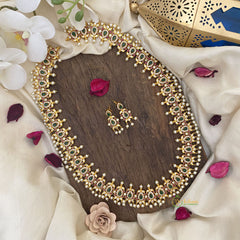 Vriksham AD Stone Long Neckpiece-Red Green & White-White Guttapusalu-G16176