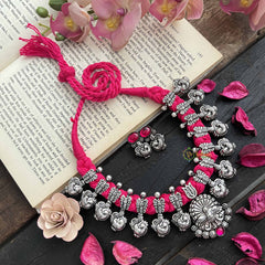 Vriksham Designer Peacock Motif Oxidized Silver & Pink Beaded Neckpiece-Red-S1055