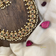 Vriksham AD Stone Long Neckpiece-Red Green & White-White Guttapusalu-G16176