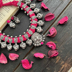 Vriksham Designer Peacock Motif Oxidized Silver & Pink Beaded Neckpiece-Red-S1055