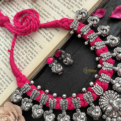 Vriksham Designer Peacock Motif Oxidized Silver & Pink Beaded Neckpiece-Red-S1055