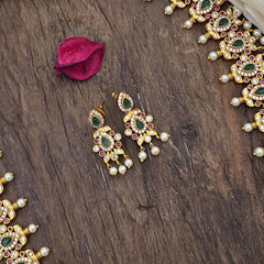 Vriksham AD Stone Long Neckpiece-Red Green & White-White Guttapusalu-G16176