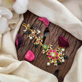 Vriksham Classic Floral Round Kundan Jadau Maang Tikka-Green Bead-Rice Pearls-J4187