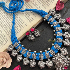 Vriksham Designer Peacock Motif Oxidized Silver & Blue Beaded Neckpiece-Red-S1057