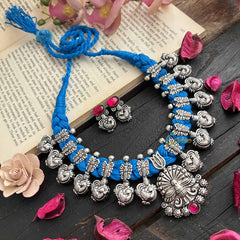 Vriksham Designer Peacock Motif Oxidized Silver & Blue Beaded Neckpiece-Red-S1057