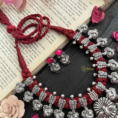 Vriksham Designer Peacock Motif Oxidized Silver & Red Beaded Neckpiece-Red-S1056