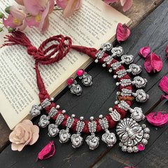 Vriksham Designer Peacock Motif Oxidized Silver & Red Beaded Neckpiece-Red-S1056