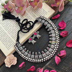 Vriksham Chevron Weave Oxidized Silver With Black Thread Neckpiece-Red Green-S1058