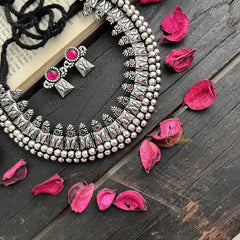 Vriksham Chevron Weave Oxidized Silver With Black Thread Neckpiece-Red Green-S1058