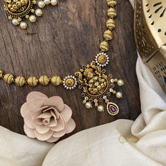 Vriksham Gold Look Alike Lakshmi Pendant Long Neckpiece-Red White-G16167