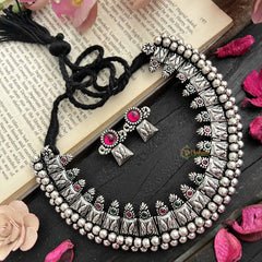 Vriksham Chevron Weave Oxidized Silver With Black Thread Neckpiece-Red Green-S1058