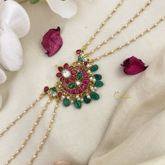 Vriksham Half Moon Style Floral Kundan Jadau Sheeshphool-Red Green-Green Bead-J2782