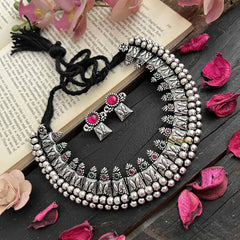 Vriksham Chevron Weave Oxidized Silver With Black Thread Neckpiece-Red Green-S1058