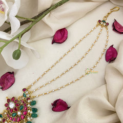 Vriksham Half Moon Style Floral Kundan Jadau Sheeshphool-Red Green-Green Bead-J2782