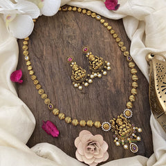 Vriksham Gold Look Alike Lakshmi Pendant Long Neckpiece-Red White-G16167