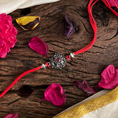 Rakshabandhan Silver Flower Rakhi-Red-G13049