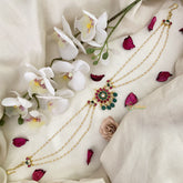 Vriksham Exquisite Floral Kundan Jadau Sheeshphool-Red Green-Green Bead-J2784