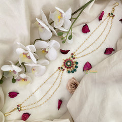 Vriksham Exquisite Floral Kundan Jadau Sheeshphool-Red Green-Green Bead-J2784