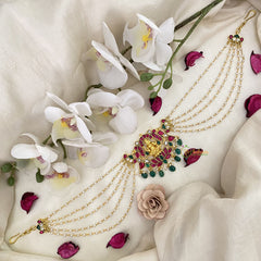 Vriksham Lakshmi With Lotus Kundan Jadau Sheeshphool-Red Green-Green Bead-J2777