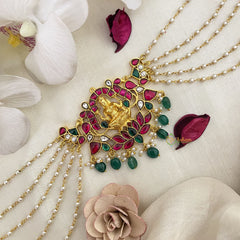 Vriksham Lakshmi With Lotus Kundan Jadau Sheeshphool-Red Green-Green Bead-J2777