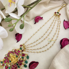 Vriksham Lakshmi With Lotus Kundan Jadau Sheeshphool-Red Green-Green Bead-J2777