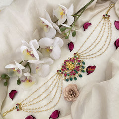 Vriksham Lakshmi With Lotus Kundan Jadau Sheeshphool-Red Green-Green Bead-J2777