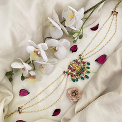 Vriksham Lakshmi With Lotus Kundan Jadau Sheeshphool-Red Green-Green Bead-J2776