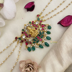 Vriksham Lakshmi With Lotus Kundan Jadau Sheeshphool-Red Green-Green Bead-J2776