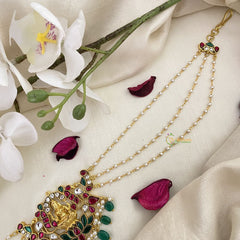 Vriksham Lakshmi With Lotus Kundan Jadau Sheeshphool-Red Green-Green Bead-J2776