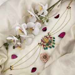 Vriksham Lakshmi With Lotus Kundan Jadau Sheeshphool-Red Green-Green Bead-J2776