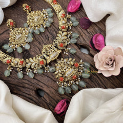 Premium AD Stone Lakshmi Hasli-Coral-Pastel Green Bead-G18493