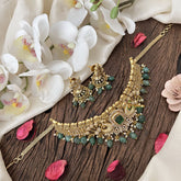 Vriksham Designer Dual Peacock AD Stone High Neck Choker-Green-Aqua Green Bead-Pearls-G18492