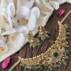 Vriksham Designer Dual Peacock AD Stone High Neck Choker-Green-Aqua Green Bead-Pearls-G18492
