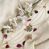 Vriksham Red White Floral Kundan Jadau Sheeshphool-Green Bead-J2785