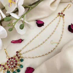 Vriksham Red White Floral Kundan Jadau Sheeshphool-Green Bead-J2785